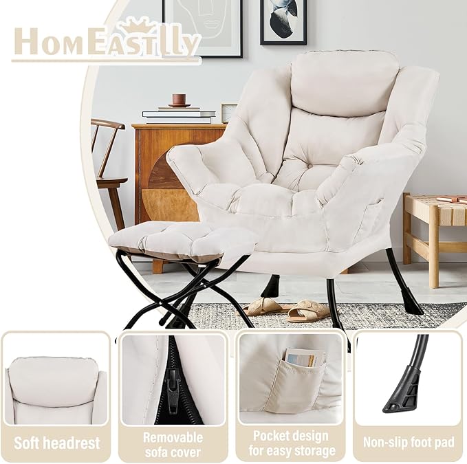 Lazy Chair with Ottoman Large Beige Accent Chair with Ottoman Comfy Reading Armchair Leisure Sofa Chair for Living Room Bedroom Dorm Room Office