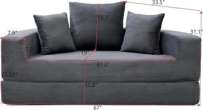 KEIKI 67 Corduroy Convertible Circular Floor Sofa BedMulti-Functional Adjustable Futon Couch for Living Room Bedroom OfficeNo Assembly