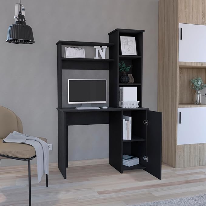 Home Office Desk Computer Desk with Hutch Single Door Cabinet Expansive Work Surface and 3-Tier Storage ShelvesBlack