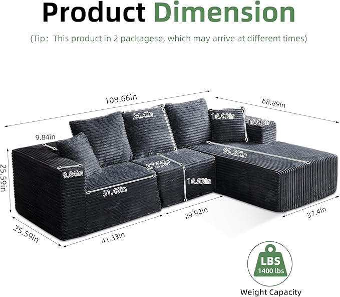 108'' Boneless Couch Sectional Boneless Couch w/Deep Seat Cloud Boneless Couches w/Stripe&amp Flannel Fabrics Boneless L Shaped Couches for Living Room Right Facing Chaise Dark Gray