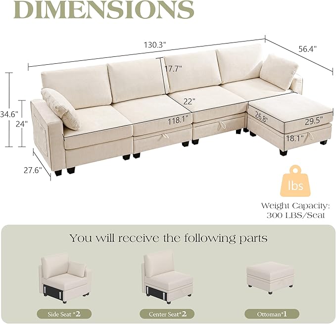 TUNYI 130 Sectional Couch with Storage Oversized Chenille Modular Sectional Sofa for Living Room Convertible Deep Seat Sofa Couches with Ottoman Armrest Pillow (Beige)