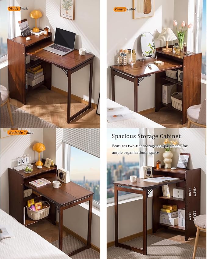 Bamboo Folding Desk with Bookshelf Fold-Out Convertible Writing Table Home Office Desk Storage Cabinet Vanity Table Compact Computer Workstation for Bedroom Living Room Kitchen Office