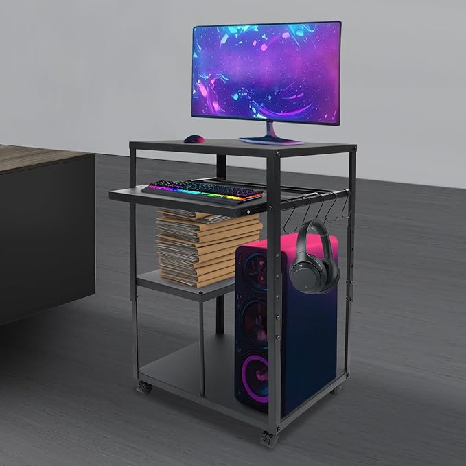 Computer Desk for Small Spaces Height Adjustable Computer Desk with Shelves and Keyboard Tray Standing Compact Desk with Storage Home Office Study Computer Desk with Wheels