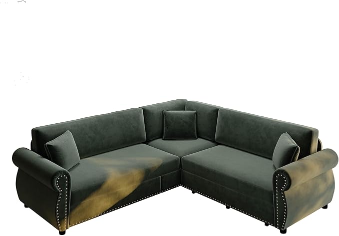 88.2'' Pull Out Couch Convertible Sleeper Sofa Bed Upholstered Sectional Sofa Chenille L-Shaped Couch with Nailhead Trim 4-Seater Modern Sectional Couches for Living Room ApartmentGreen