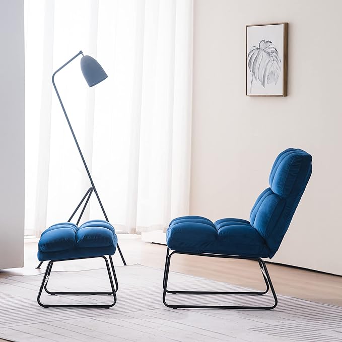 MCombo Velvet Accent Chair with Ottoman Set Modern Armless Chair for Living Room Bedroom Small Space 0014 (Velvet Blue)