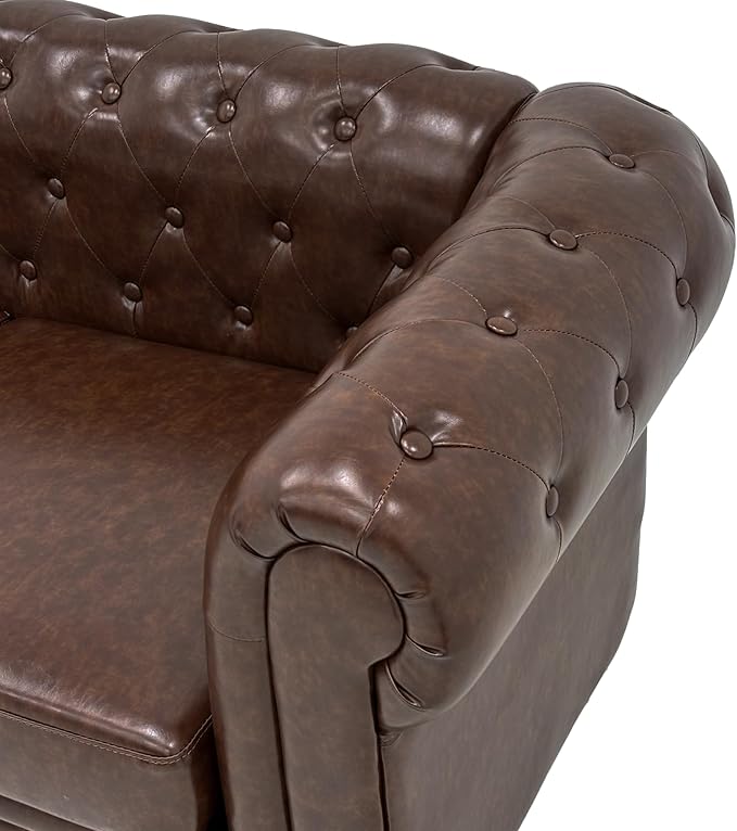 Chesterfield PU Leather Couch 3 Seater Sofa 89 Modern Luxurious Large Button-Tufted Sofa Couch Home Upholstered Deep Seat Sofa for Living Room Furniture Brown