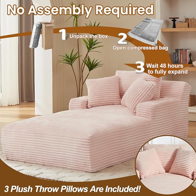 Avenix 79” Oversized Chaise Lounge Chairs Indoor Corduroy Boneless Chaise Lounges Chairs Indoor Deep Seat Big Comfy Reading Chair Cloud Sleeper Chair Sofa Couch Bed for Living Room Pink
