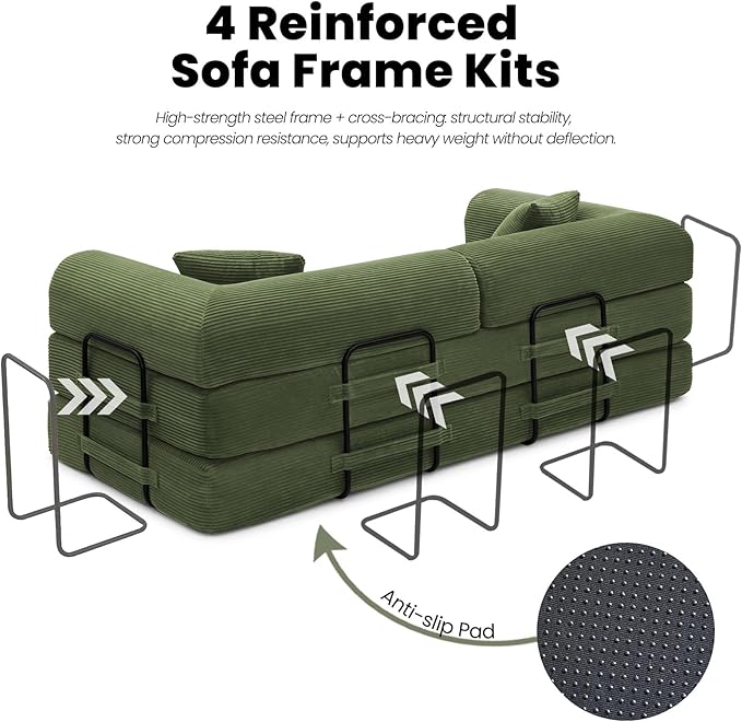 79 5-in-1 Convertible Sofa Bed Premium Sleeper with Reinforced Frame &amp Plush Corduroy No Assembly Modular Couch for Lounge Guest Room &amp Small Space Olive Green