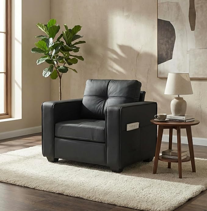 TYBOATLE Accent Chair Comfy Black Faux Leather Living Room Chair Reading Oversized Accent Chairs Tufted Mid Century Modern Arm Chair Wide Armchair for Office Bedroom Lobby
