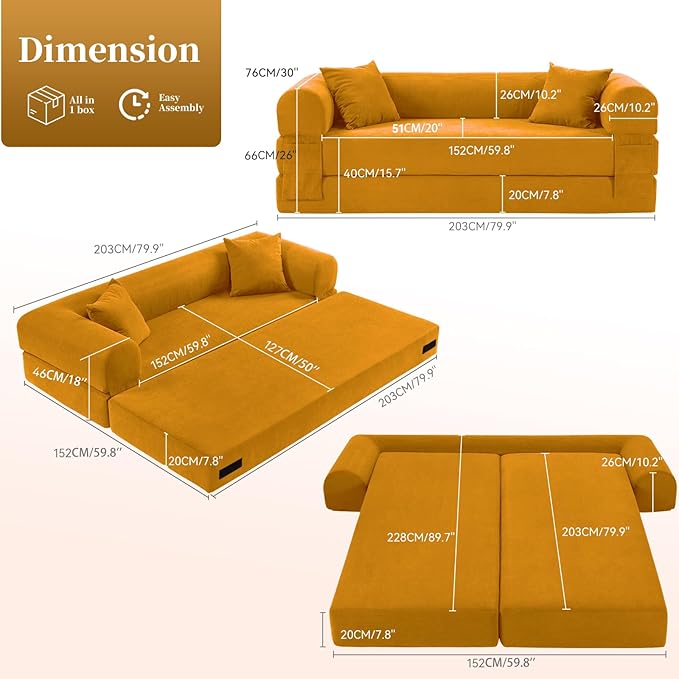 KBQ 3-Seat Convertible Sleeper Sofa Bed with 2 Pillows Corduroy Folding Mattress Couch Floor Sofa Lounge Couch for Living Room Bedroom Lounge Studio Yellow