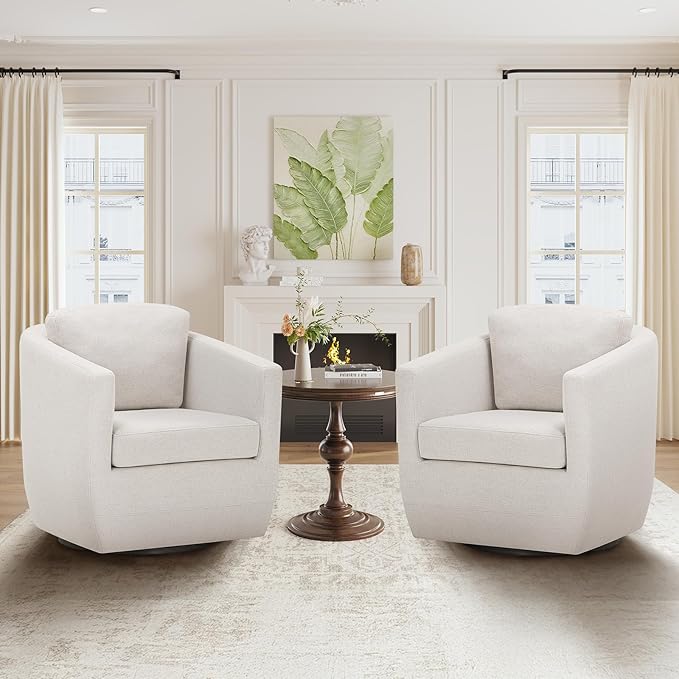 COLAMY 360° Swivel Accent Chair Set of 2 with Pillow Living Room Armchair No-Sag Foam &amp Sturdy Metal Base Fully Assembled Swivel Single Sofa for Bedroom Living Room Reading Room Beige