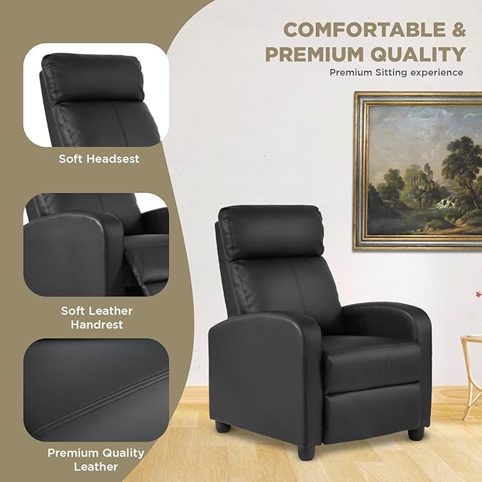 Recliner Chair for Adults Living Room Chairs Reading Chair with Pu Leather Padded Seat Backrest Modern Reclining Easy Lounge (Black)