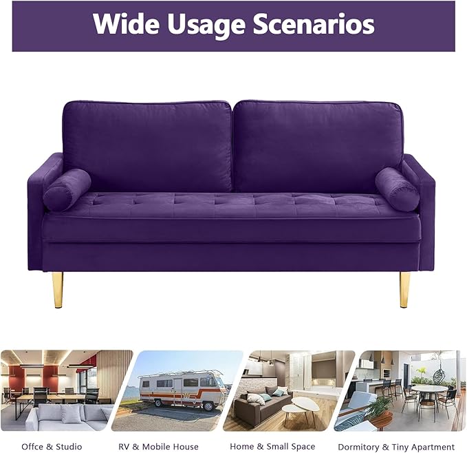 65 Love Seat Sofa Velvet Small Sofa Small Couch for Bedroom Living Room Bedroom Loveseat with 2 Pillows Gold Legs Modern Tufted Seat Upholstered Seating for Office Apartment (Purple)