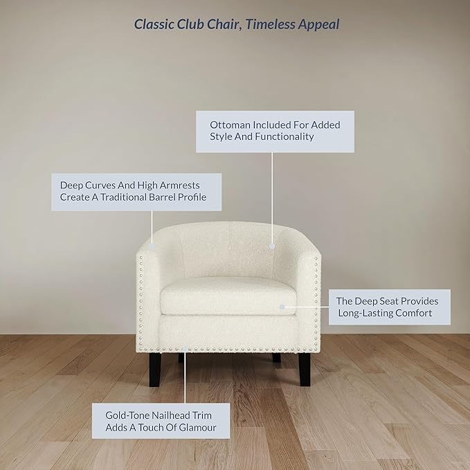 BELLEZE Accent Barrel Chairs Set of 2 Modern Tub Club Chairs Upholstered Armchairs for Living Room Accent Chairs with Silver Nail Head Trim Black Legs - Kyara (White/Polyester)