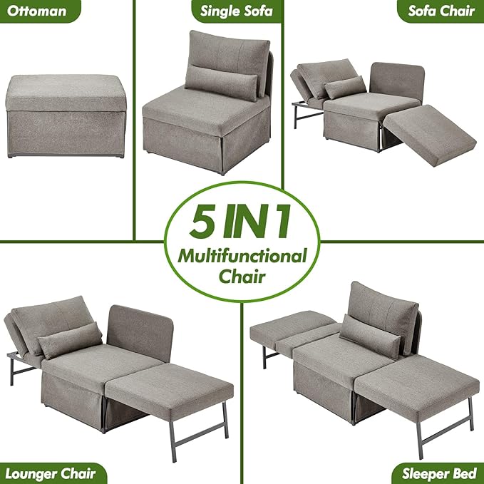 Sleeper Chair Bed Upgrade 4-in-1 to 5-in-1 Convertible Multi-fuction Sofa Chair w/Adjustable Backrest Assembly-Free Linen Folding Sofa Ottoman Bed for Living Room Apartment (Light Grey)