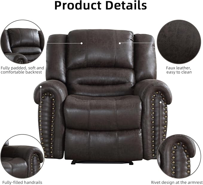 INZOY Leather Recliner Chair Heavy Duty Manual Reclining Sofa Single Lounge Sofa for Living Room Home Theater Seating Dark Grey