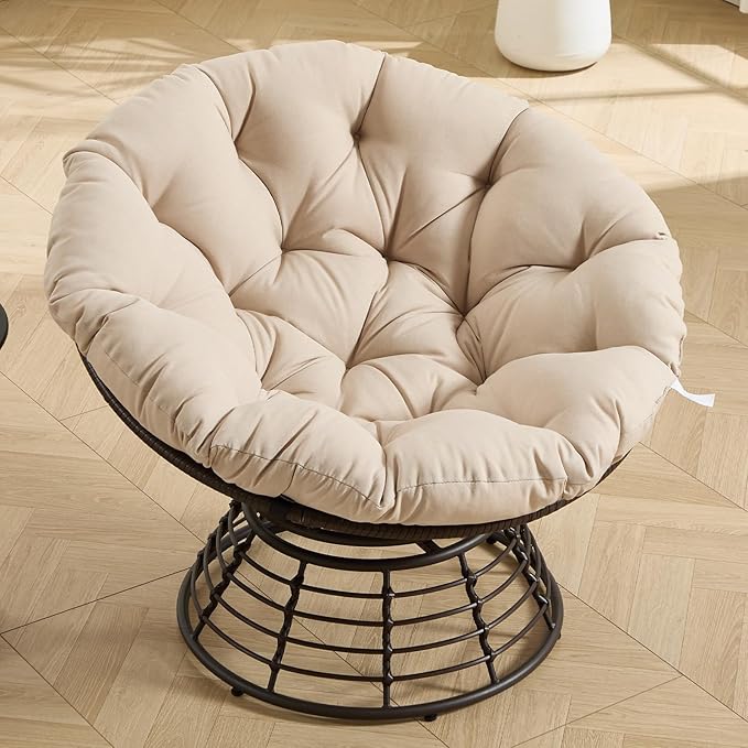 36” Papasan Chair with Cushion and Frame Oversized Papasan Chairs 360° Swivel Polyester Adjustable Feet Suitable for Living Room Patio Bedroom Indoor/Outdoor (Beige)
