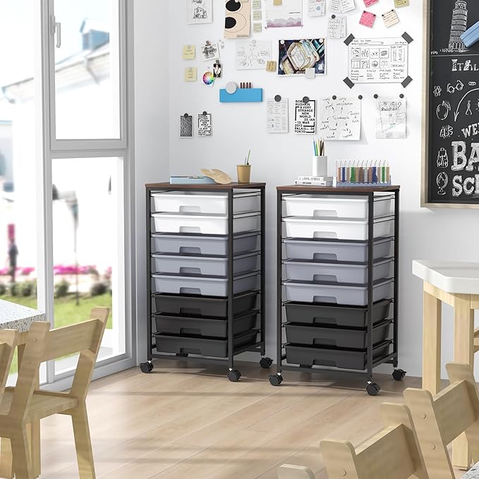 Rolling Cart with DrawersUtility Cart With 8 Drawers and Wooden Tabletop for Living RoomClassroomBedroomBathroomDormOfficeDark Grey
