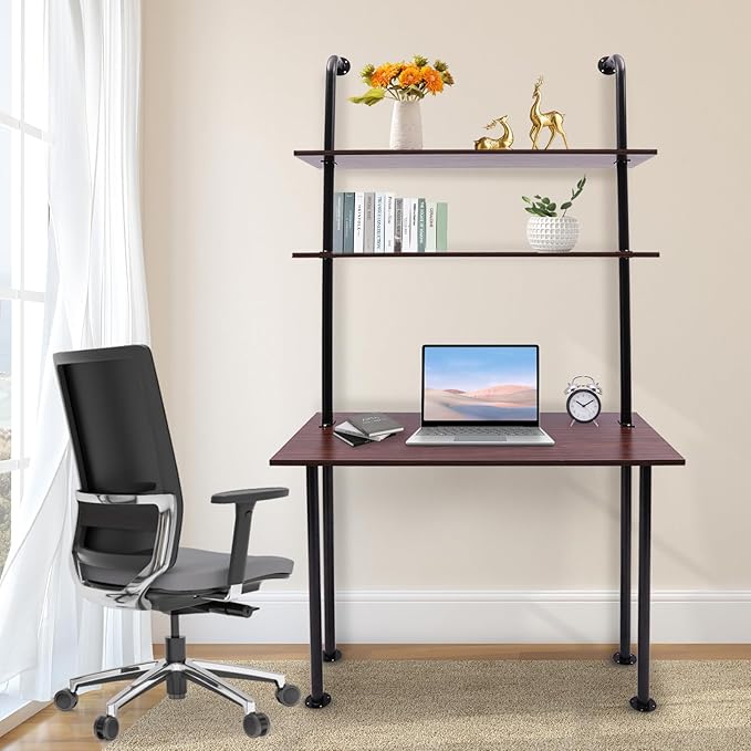 Industrial Wall Mount Desk with Shelves 3-Shelf Ladder Desk Computer Writing Table for Small Spaces Black and Brown Modern Narrow Floating Table with Storage (13 Dx39.4 Wx79 H)