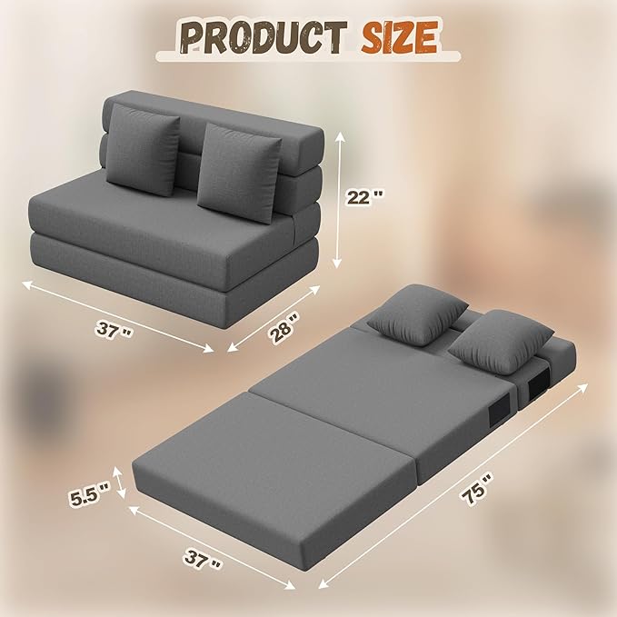 Folding Sofa Bed Convertible Sleeper Chair &amp Couch Bed with Pillow One-Piece High-Density Sponge Mattress Multi-Purpose Floor Sofa for Living Room Office Dorm Apartment Grey Single