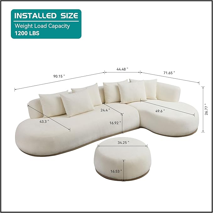 kevinplus 134.63'' Large Sectional Curved Sofa Couch with Chaise Lounge &amp Ottoman for Living Room Oversize L-Shape Modern Sectional Sofa Couch Wood Structure &amp Easy Assembly (Right-Facing B
