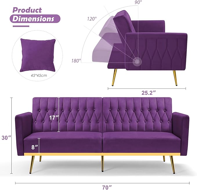 70 Velvet Futon with Adjustable Backrest and Armrests Sofa Bed with Extra Pillows for Waiting Room Living Room and Office Purple