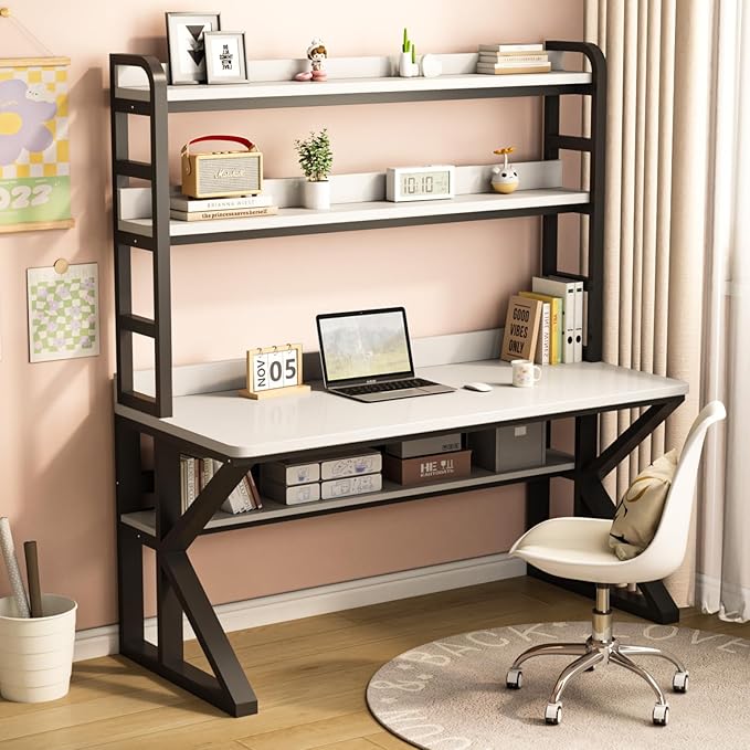 Computer Desk with Storage Shelves and Bookshelf Industrial Desk with Sturdy Metal Frame Solid Wood PC Table Workstation for Home Office(31 W x 69 H x 23.6 D White &amp Black)