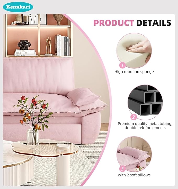 73.2 Queen Size 3-in-1 Convertible Pull Out Sofa Bed with Wheels Multi-Functional Velvet Loveseat Bed for Living Room and Bedroom (Pink)
