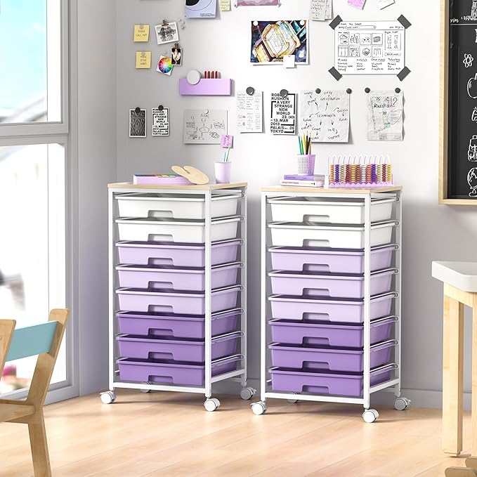 Rolling Cart with DrawersUtility Cart With 8 Drawers and Wooden Tabletop for Living RoomClassroomBedroomBathroomDormOfficePurple