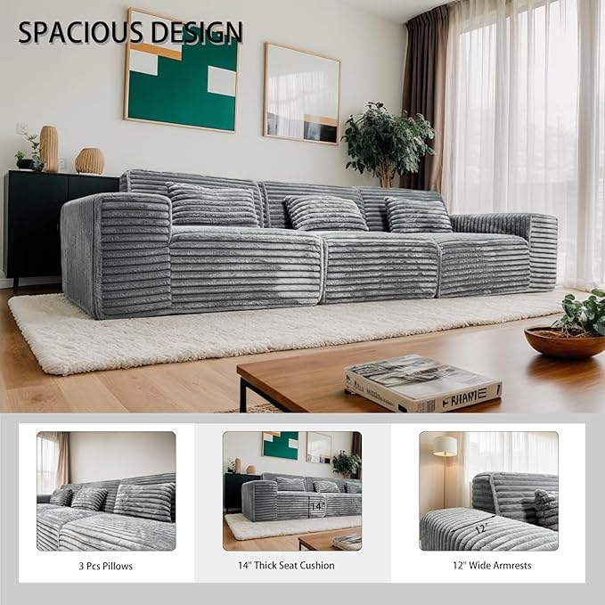 MEISIMAN 118” Modular Sectional Sofa Cloud Couch - Compressed Sofa Soft Corduroy Fabric &amp Memory Foam Couch for Living Room No Assembly Required (Dark Gray)