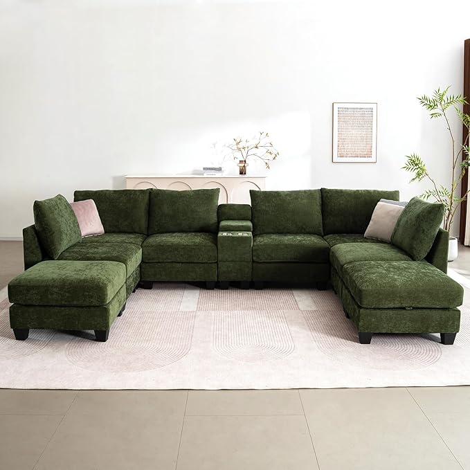 136.4 Modular Sectional Sofa U-Shaped 8 Seater Sectional Sofa with Storage Ottoman Linen L-Shaped Couch Large Cloud Couch with Cup Holders &amp USB for Living Room（Green