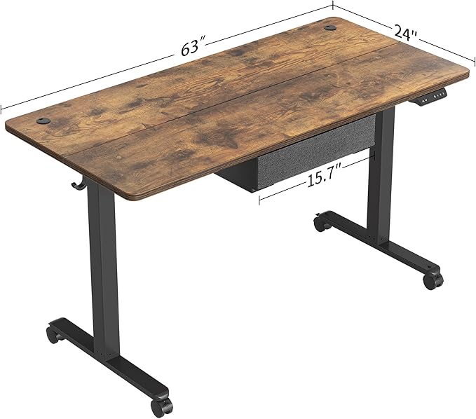 CubiCubi 63 x 24 Inch Standing Desk with Drawer Electric Stand up Adjustable Height Electric Stand up Desk Sit Stand Home Office Desk Ergonomic Workstation Black Steel Frame/Rustic Brown Tabletop