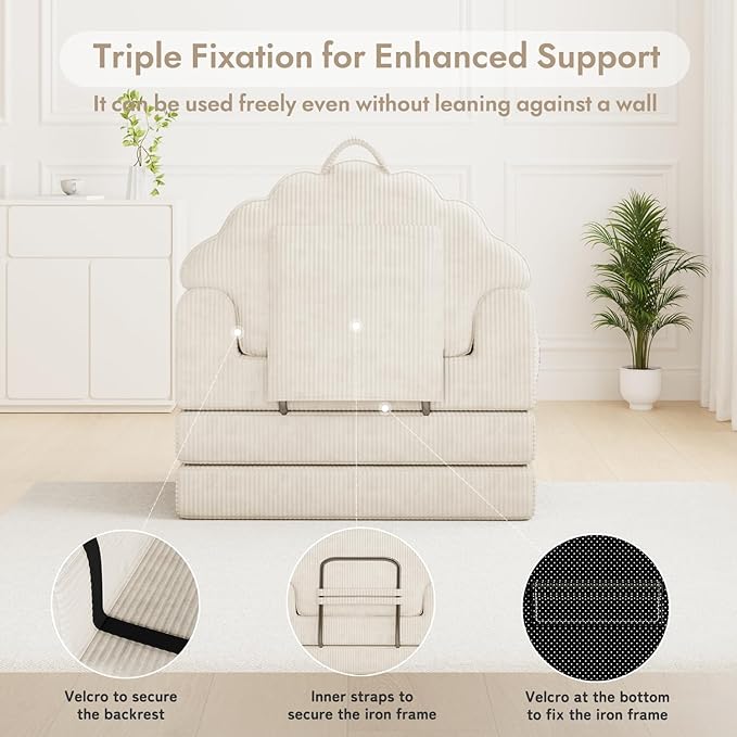 2-in-1 Folding Sofa Bed with Back Support 75 D x 34 W Convertible Futon Sleeper Chair for Adult Fold Out Bean Bag Floor Foam Lounger Couch for Living Room Bedroom Small Space Beige