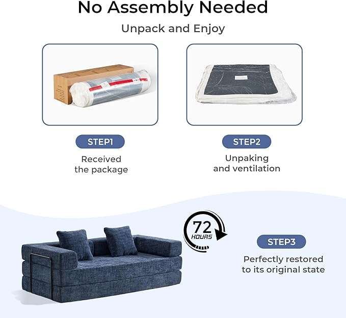 WELAX 77 Convertible Sleeper Sofa Bed Boneless Cloud Queen Futon Couches with 2 Pillows &amp Removable Armrests Chenille Folding Floor Couch No Assembly for Bedroom Living Room Blue
