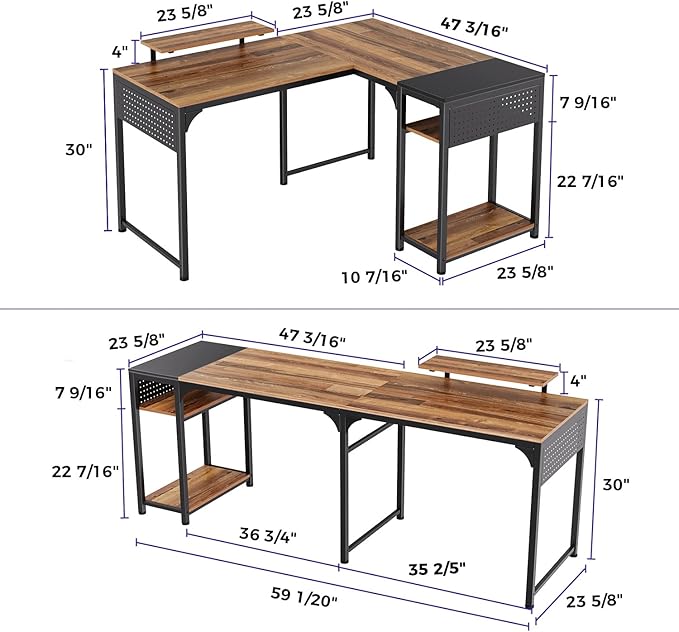 It's_Organized Reversible L Shaped Desk with Monitor Stand58x47 inch Corner DeskStudy Writing Computer Table with Storage Shelves for Home OfficeRustic Brown/Black