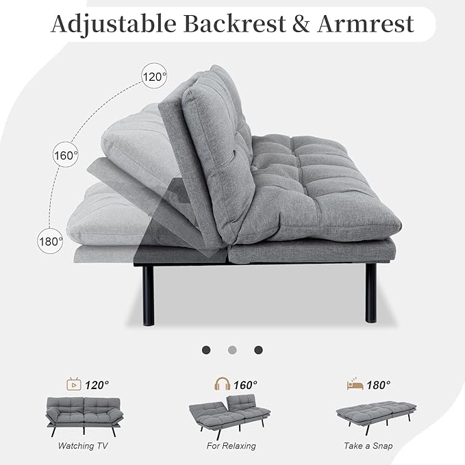 Opoiar Futon Sofa Bed Convertible Memory Foam Foldable Couch Modern Sleeper Loveseat with Adjustable Armrests&ampBackrests for Small Spaces Office Studio Apartment Dorm Game Room