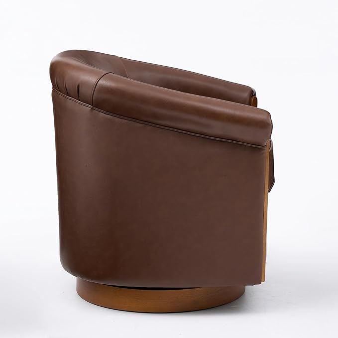 Genuine Leather Seat Swivel Barrel Chair Accent Chair with PVC Exterio &amp Wood Base - Upholstered Lounge Chair for Living Room Home Office Bedroom (Brown)