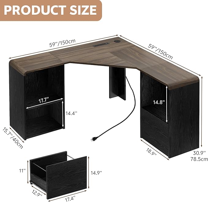 60 L Shaped Desk with File Drawer Modern Corner Computer Desk with Storage L Shape Home Office Desk Executive Desk with Power Outlets Storage Shelves File Cabinet for Working Writing Black
