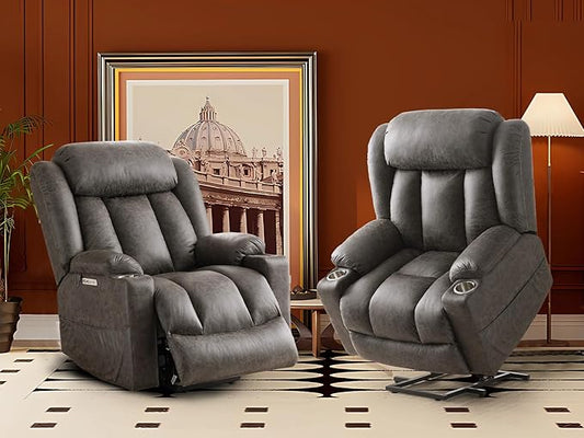CDCASA Oversized Power Lift Recliner Chair with Massage and Heat for Elderly Breathable Leather Recliner Chairs for Adult w/Metal Cup Holders USB &amp Type-C Ports Set of 2 Matte Grey
