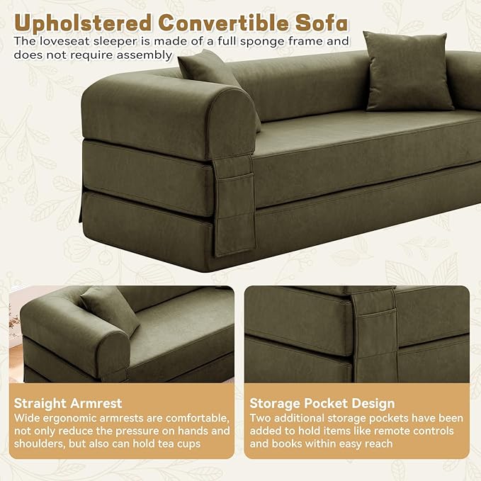 Convertible Folding Sofa Bed78.5 Inch Faux Leather Futon Couch with Pillows &amp Storage Pocket5-in-1 Queen Sleeper Sofa in a Box with Pull Out BedBoneless Couch for Living Room BedroomGreen