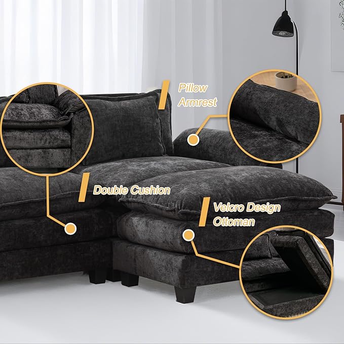 Modular Sectional Sofa 86 L Shaped Couch Set with Movable Ottoman Chenille Comfy Cloud Couch Sectional Set Extra Deep Seat Sofa with 2 Pillows for Living Room (Black 2-Seat &amp 1-Ottoman)