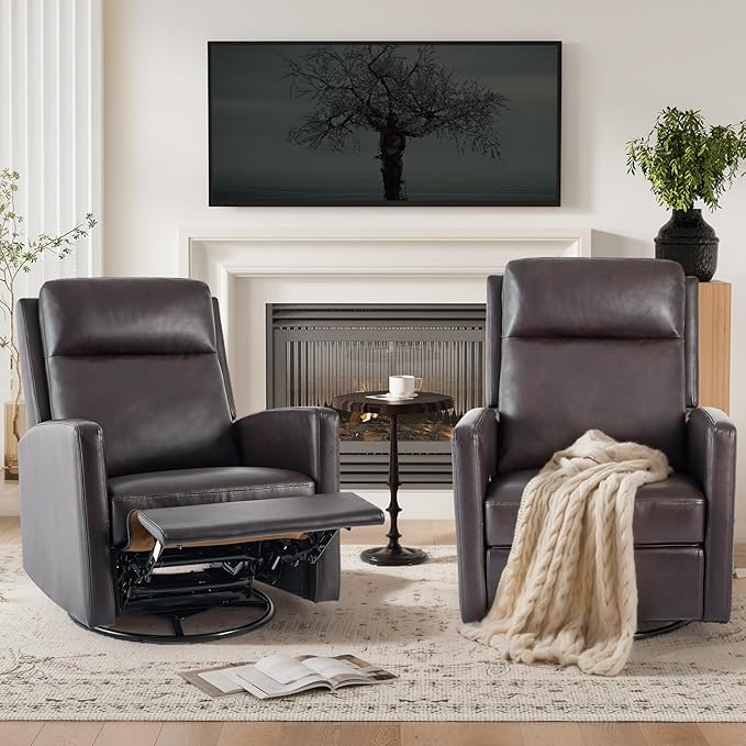 Leather Recliner Chair for Adults Swivel Rocker Recliner for Small Spaces Wide Glider Rocking Nursery Chair with Ergonomic High Backrest for Home Living Room Office Bedroom（Chocolate Brown）