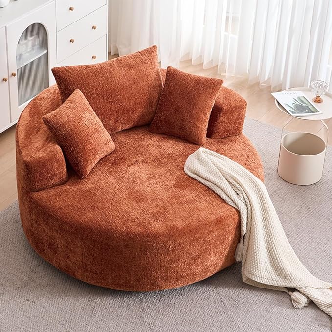 55 Oversized Swivel Accent Chair Round Barrel Chair with 360° Rotation Chenille Upholstered Deep Seat Lounge Sofa Modern Comfy Single Sofa for Living Room Bedroom Office (Orange)