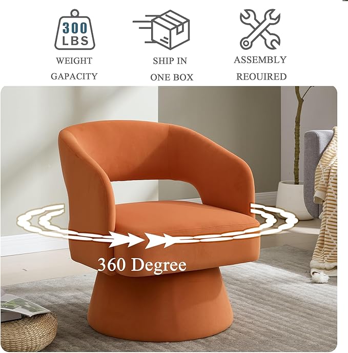 360 Degree Swivel Barrel Chair for Living Room Orange Velvet Accent Armchair with Open Back Modern Comfy Reading Chair for Bedroom Cloud Boho Chairs for Office Club Lobby (Orange)
