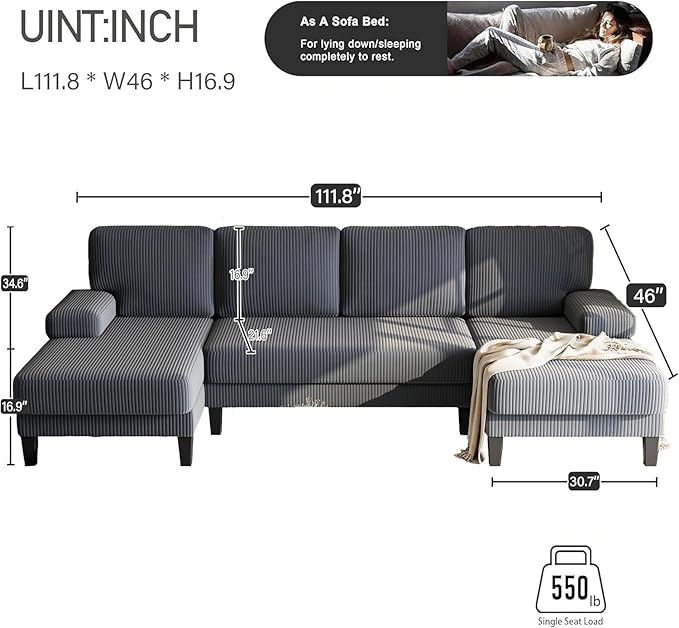 112'' Corduroy U Shaped Couch with Sleeper Lounge Chaise 4 Seat Modern Comfy Sectional Sofa Couches for Living Room Spacious Space Apartment Office (112'' Corduroy Gray)