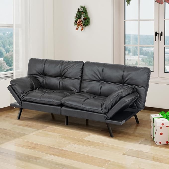 MUUEGM 71 Futon Sofa Bed with Memory FoamFuton Couch with Adjust Backrest and Armrest Couches Bed for Living RoomStudios Apartments Dormitories Offices and Game Room.Matt Black Leather Sofa Bed