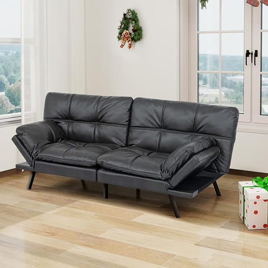 MUUEGM 71 Futon Sofa Bed with Memory FoamFuton Couch with Adjust Backrest and Armrest Couches Bed for Living RoomStudios Apartments Dormitories Offices and Game Room.Matt Black Leather Sofa Bed