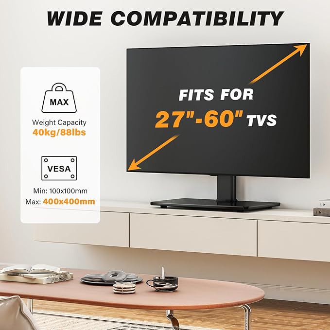5Rcom Universal Swivel TV Stand for 27-60 inch Curved/Flat Screen TVs Table Top TV Base Replacement Holds up to 88 lbs Height Adjustable TV Stand Mount with Tempered Glass Base MAX VESA 400x400mm