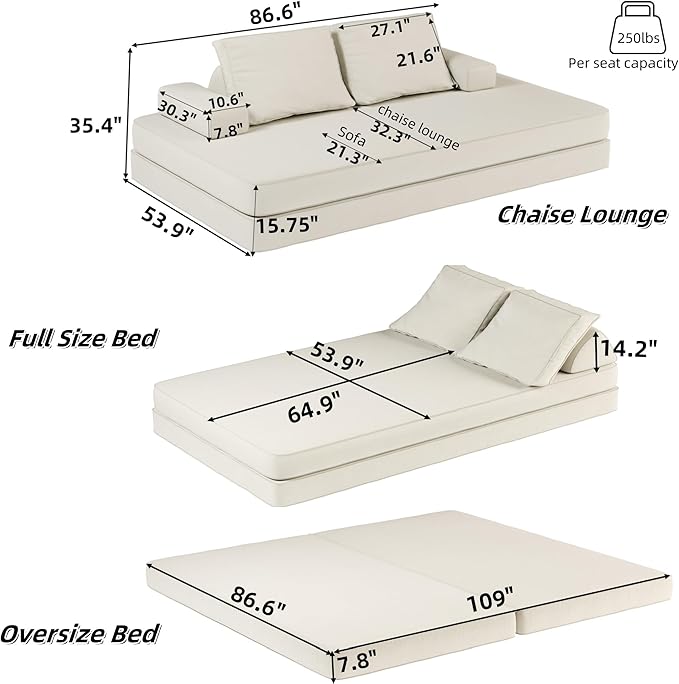 86.6 Convertible Sofa Bed with Chaise Lounge - Fluffy Chenille Fabric 2 Tumbler Backrests &amp Pillows Multi-Functional DIY Modern Upholstered Deep Seat Couch for Living Room &amp Office (Beige)