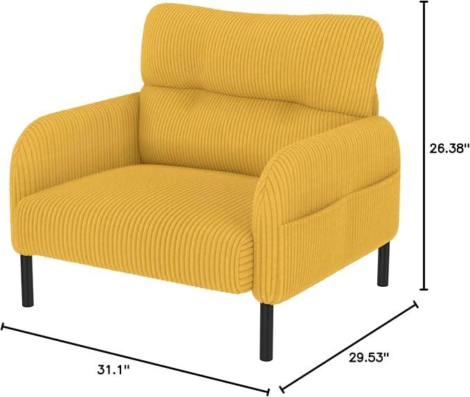 Yellow Accent Chair - Corduroy Living Room Chairs with Side Storage Pockets and Durable Legs Comfy Arm Reading Chair with Soft Backrest for Bedroom Balcony Study Room